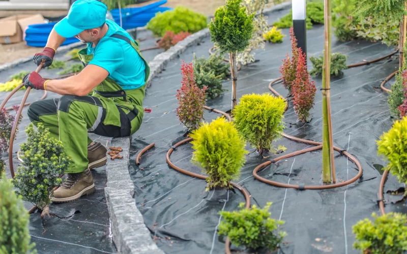 A gardener installing hoses for the irrigation of sprinklers.