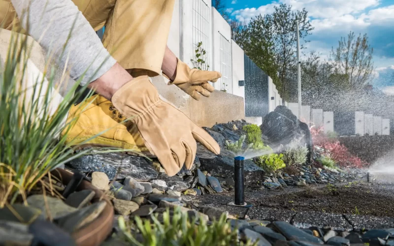 A worker installing and testing the sprinkler for the garden.