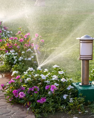 A sprinkler splashing water on the grass.